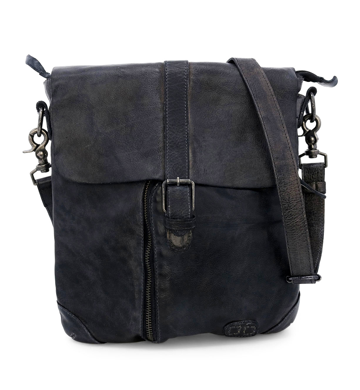 A black leather Jack messenger bag with two straps from Bed Stu.