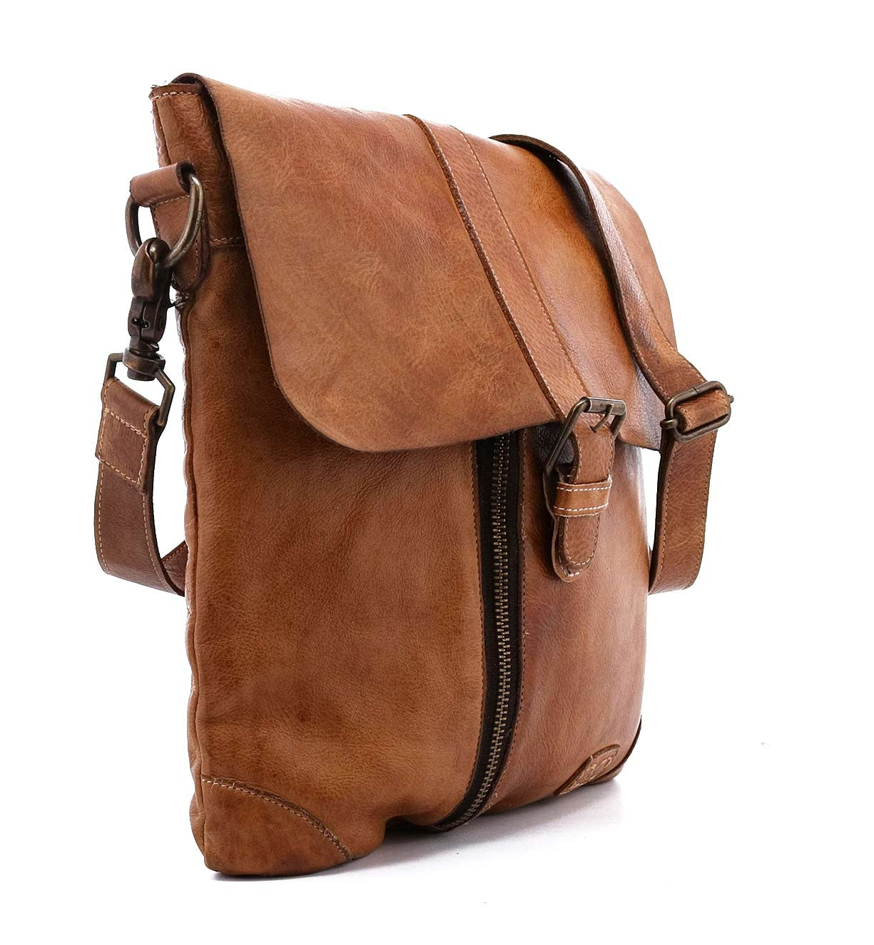 A Jack by Bed Stu brown leather messenger bag on a white background.
