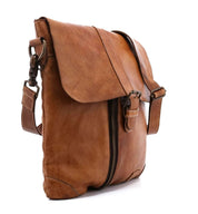 A Jack by Bed Stu brown leather messenger bag on a white background.