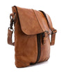 A Jack by Bed Stu brown leather messenger bag on a white background.