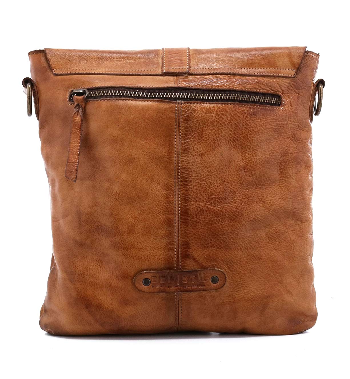 A Jack by Bed Stu brown leather crossbody bag with a zipper.