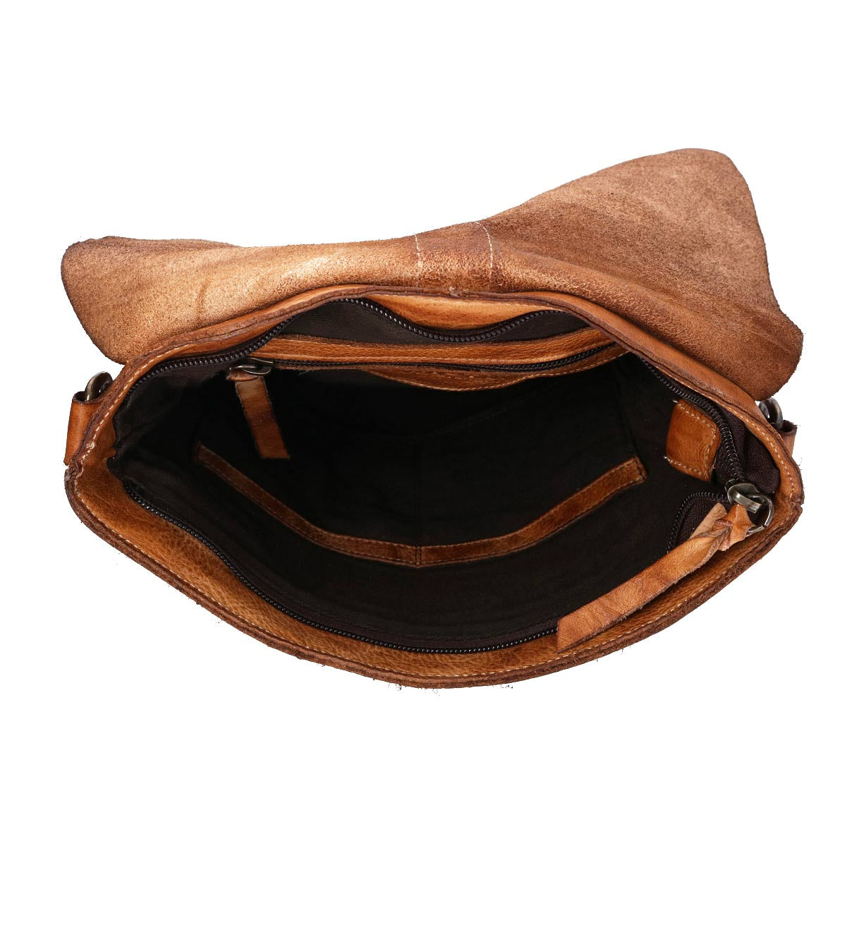 The inside of a Jack by Bed Stu brown leather bag.