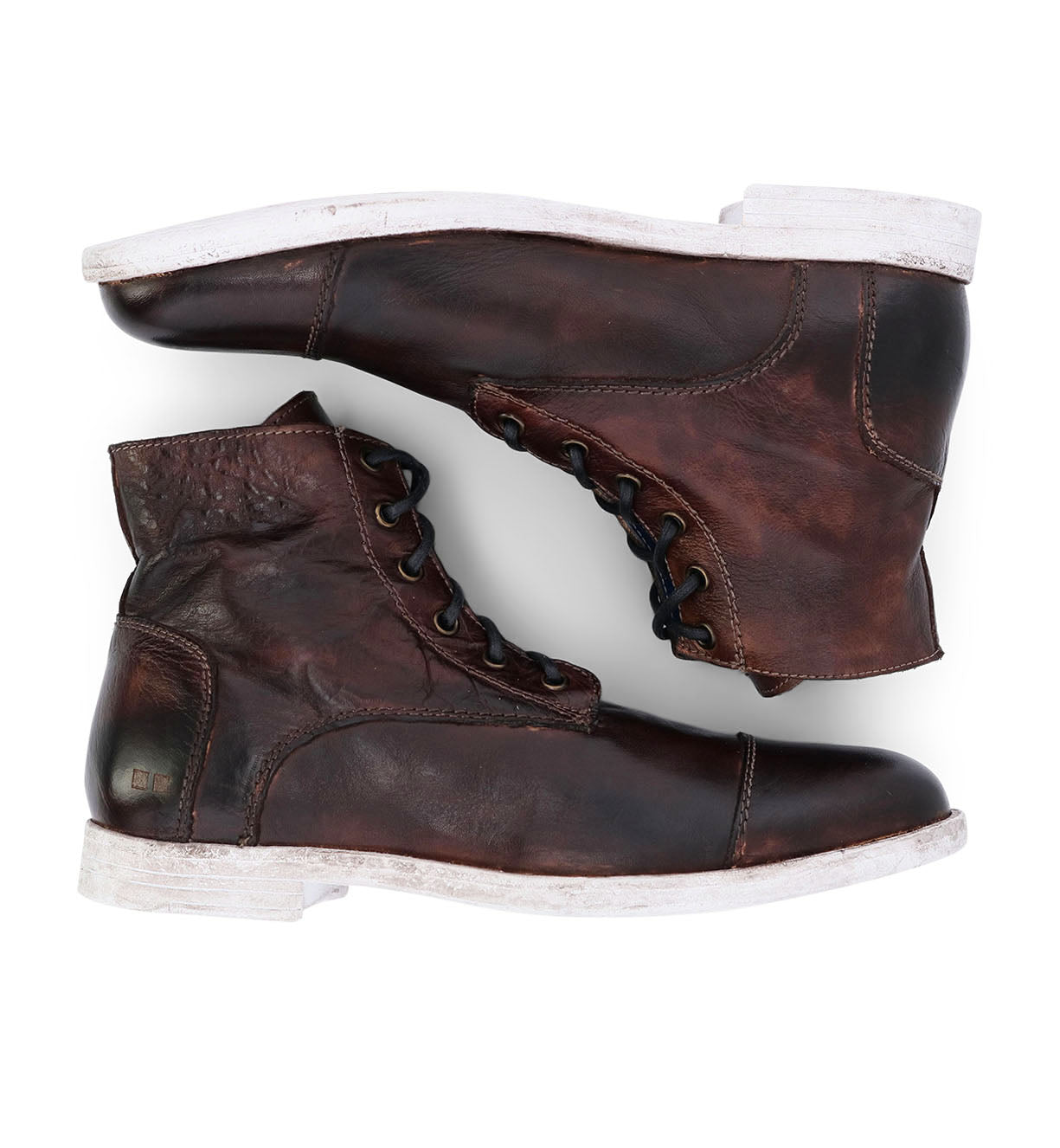 A pair of Bed Stu Leonardo brown leather boots on a white background.