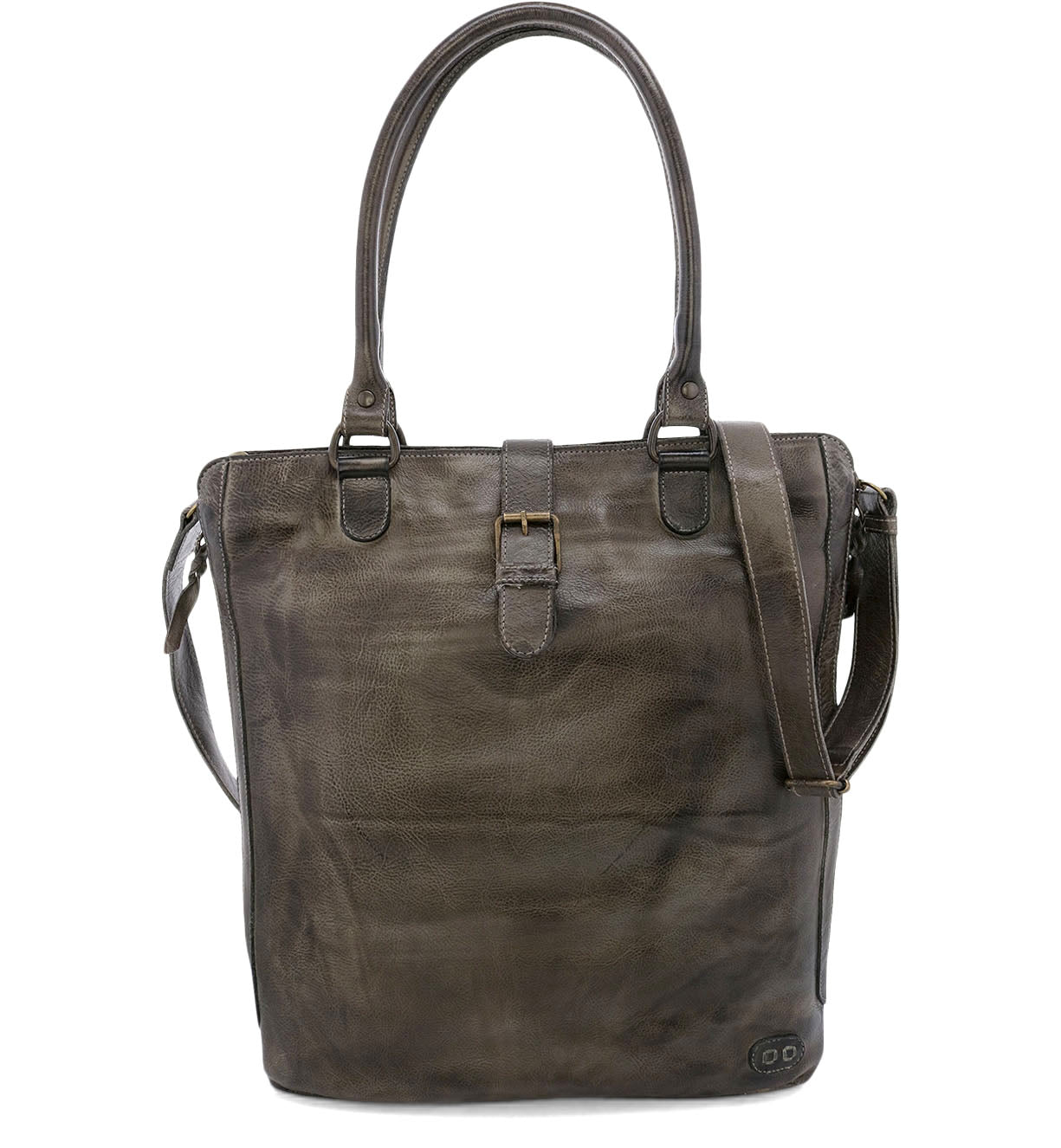 A grey leather Mildred tote bag by Bed Stu with two handles and a shoulder strap.