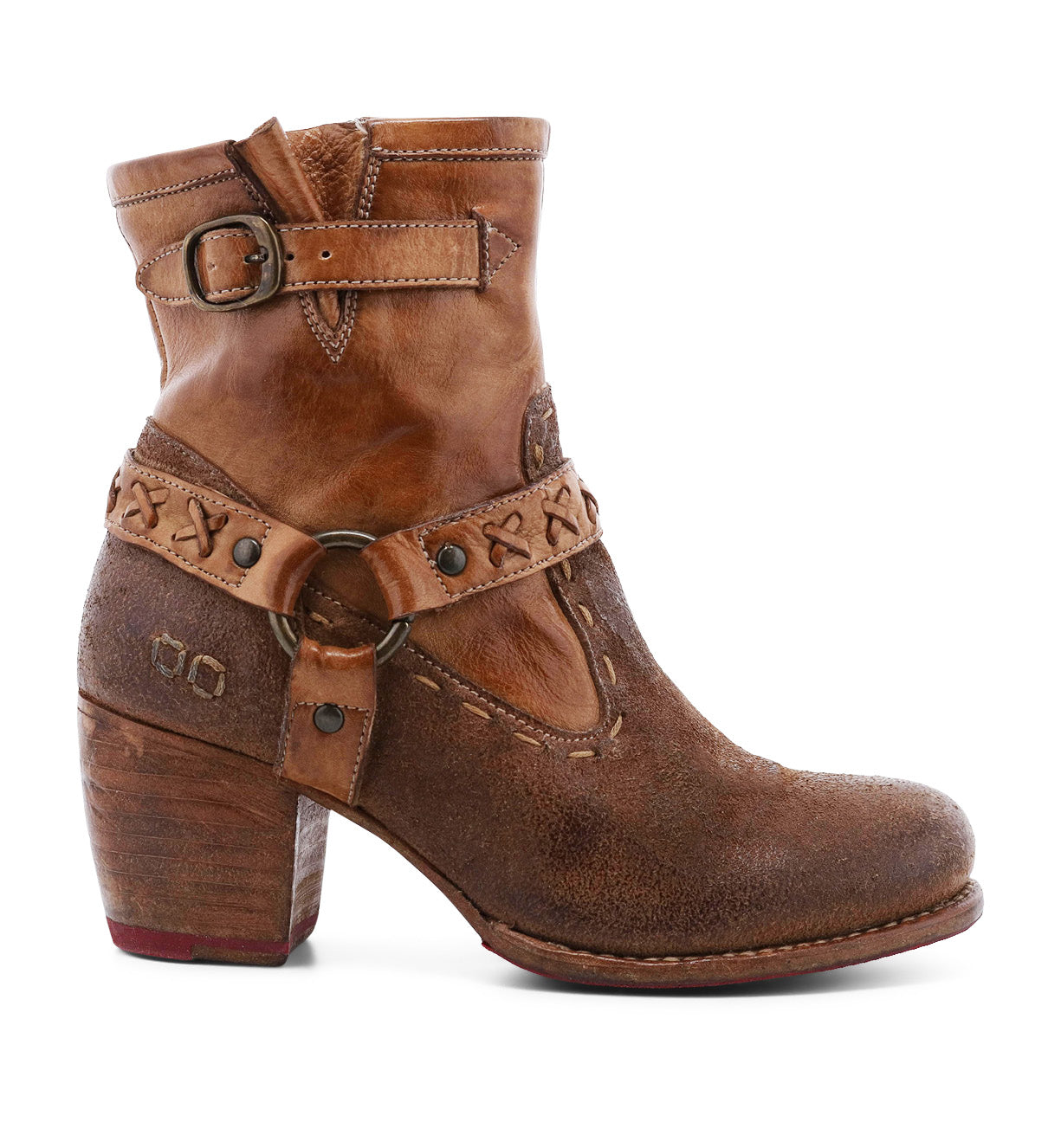 A women's Bedford II ankle boot with buckles and a wooden heel.