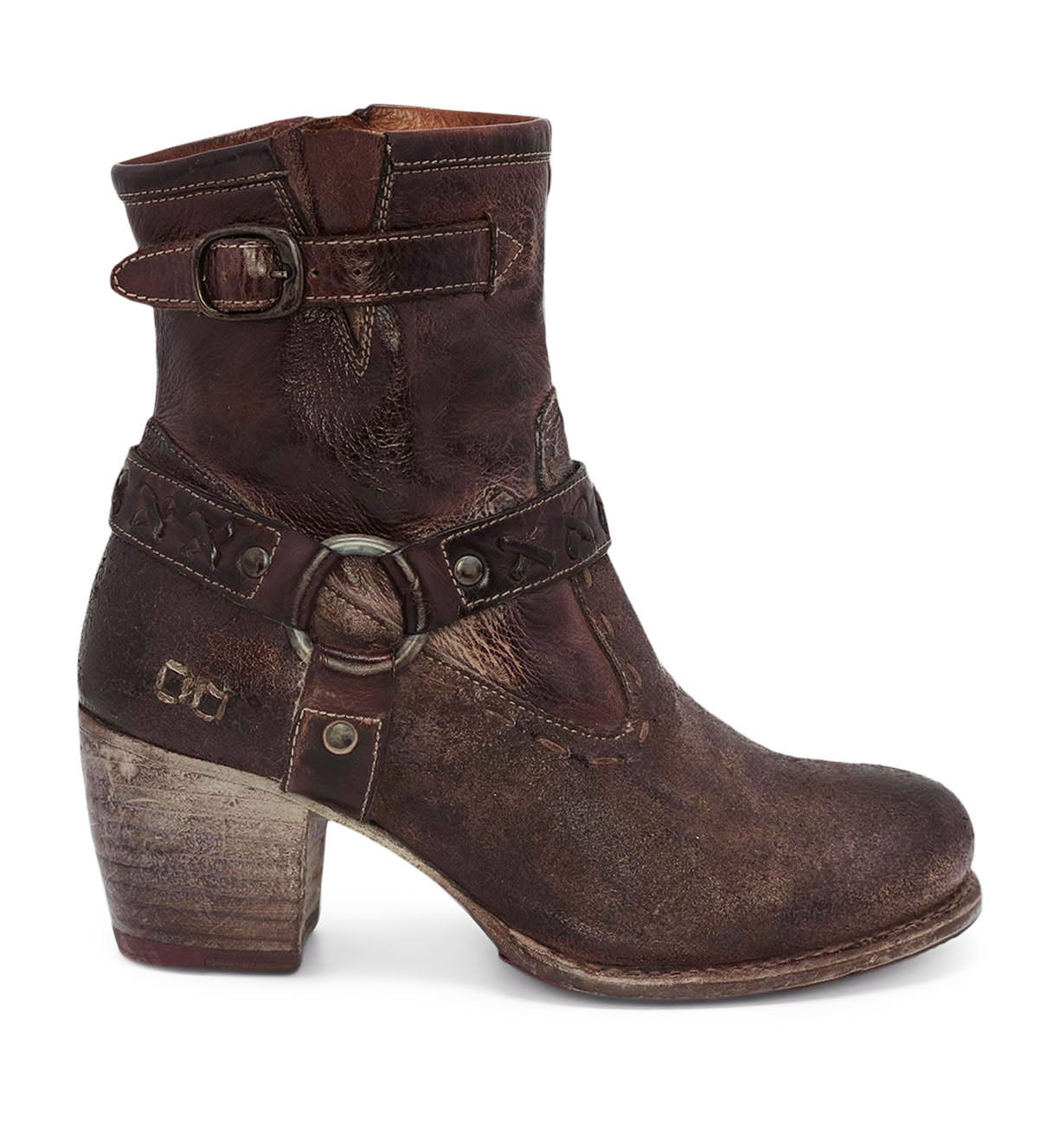 A women's brown ankle boot with buckles named Octane II by Bed Stu.