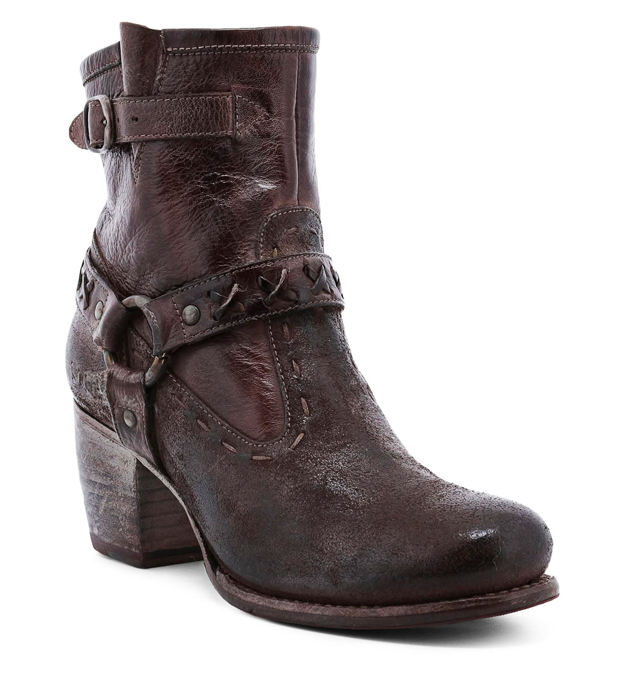 A women's Octane II brown leather ankle boot with buckles by Bed Stu.