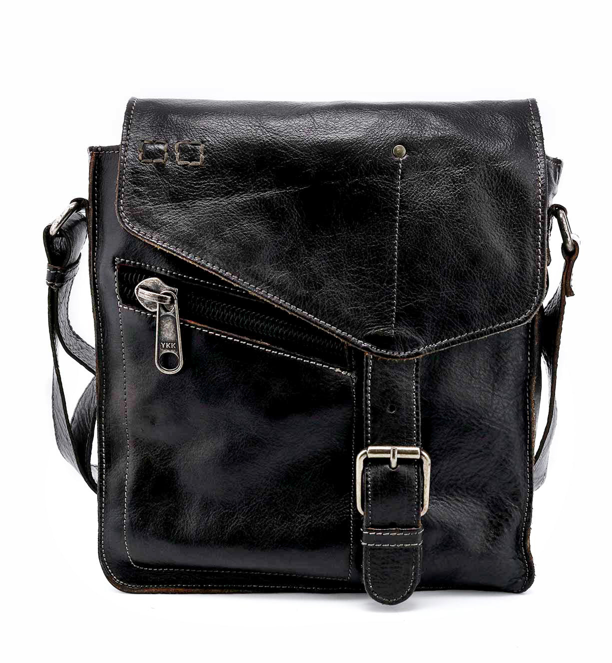 A Venice Beach black leather messenger bag with an adjustable strap, made by Bed Stu.