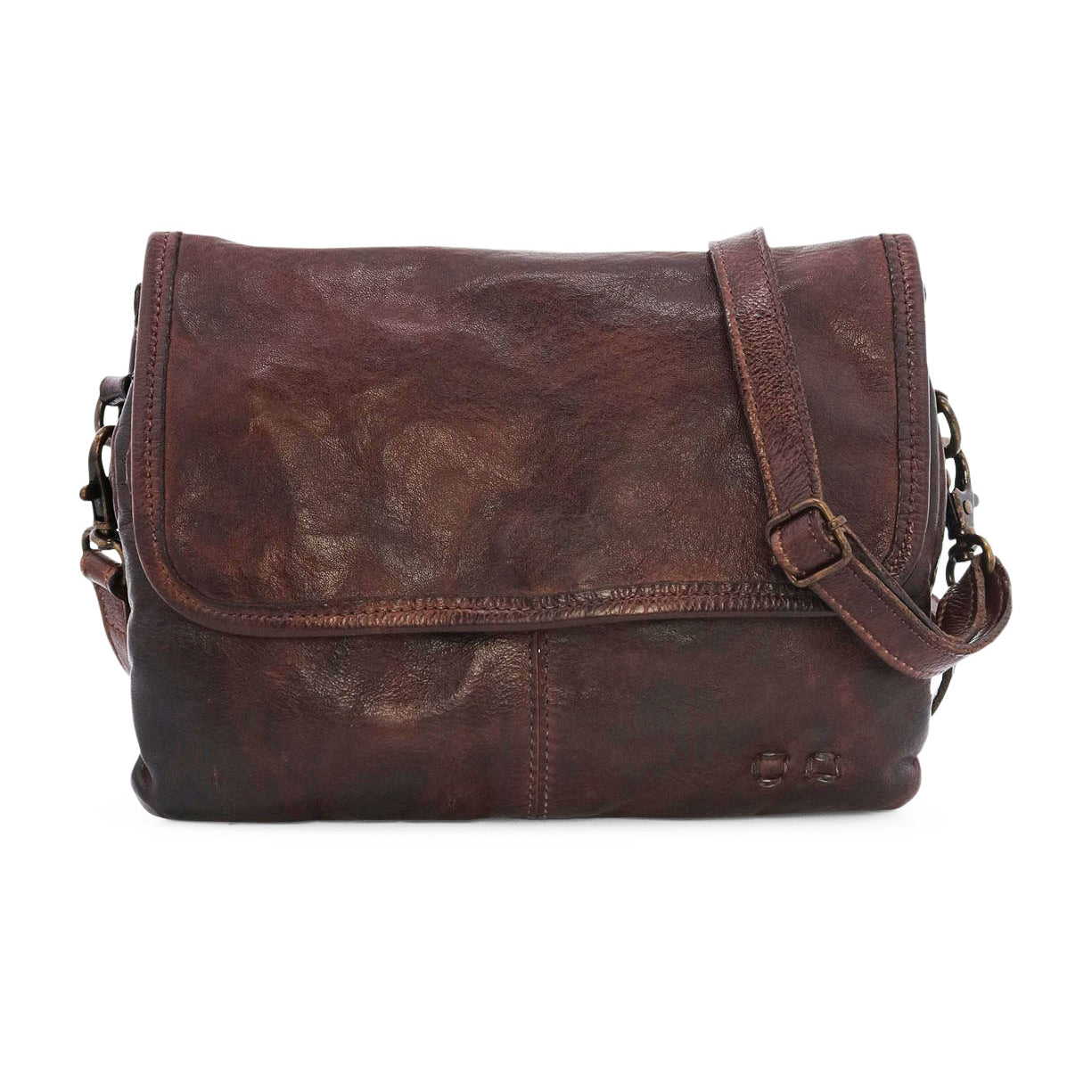 A brown leather Ziggy messenger bag with a shoulder strap by Bed Stu.
