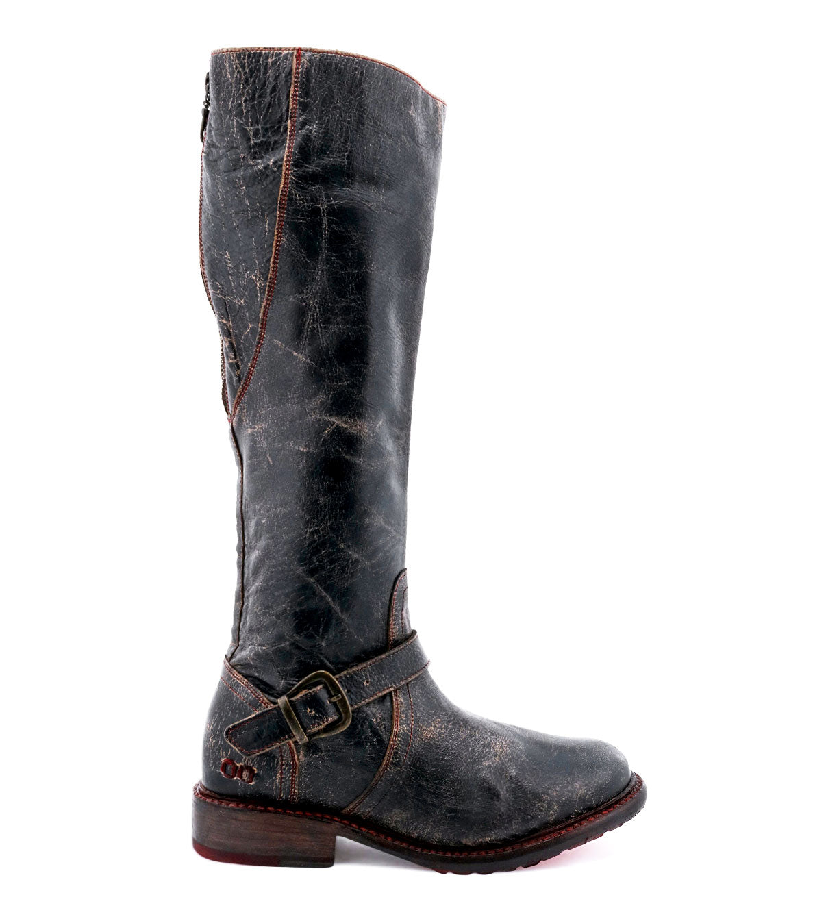 A women's Glaye black leather riding boot with buckles by Bed Stu.