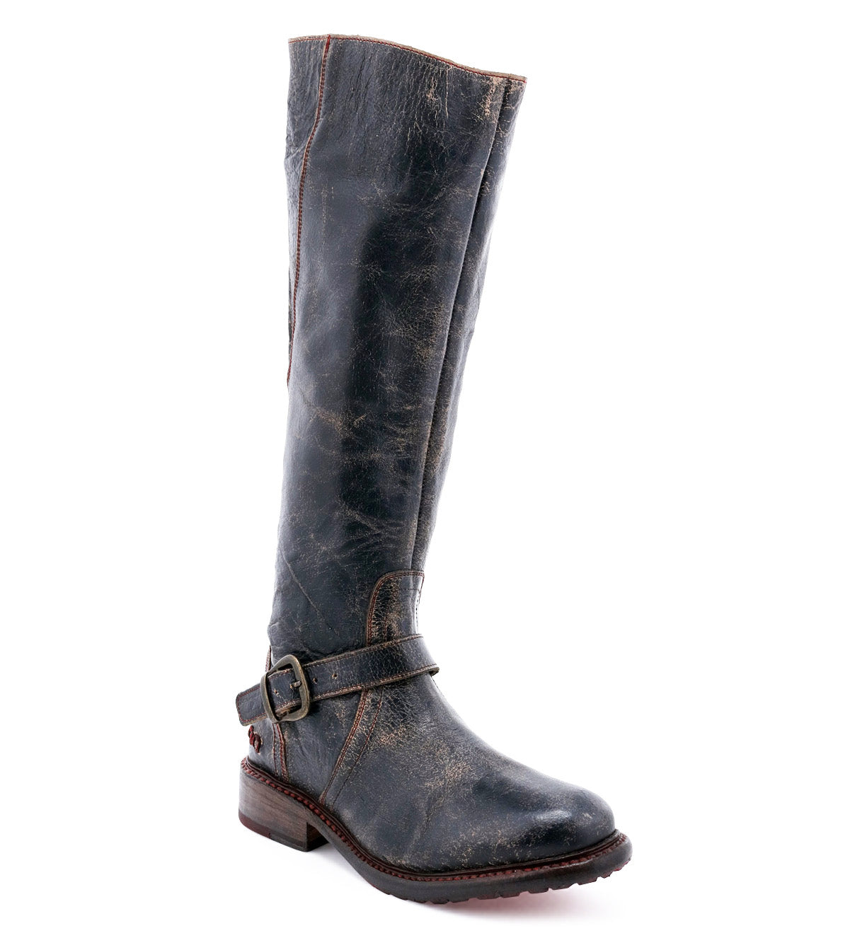 A women's black leather Glaye riding boot with buckles by Bed Stu.