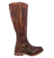 A women's brown leather Glaye Wide Calf riding boot with buckles by Bed Stu.