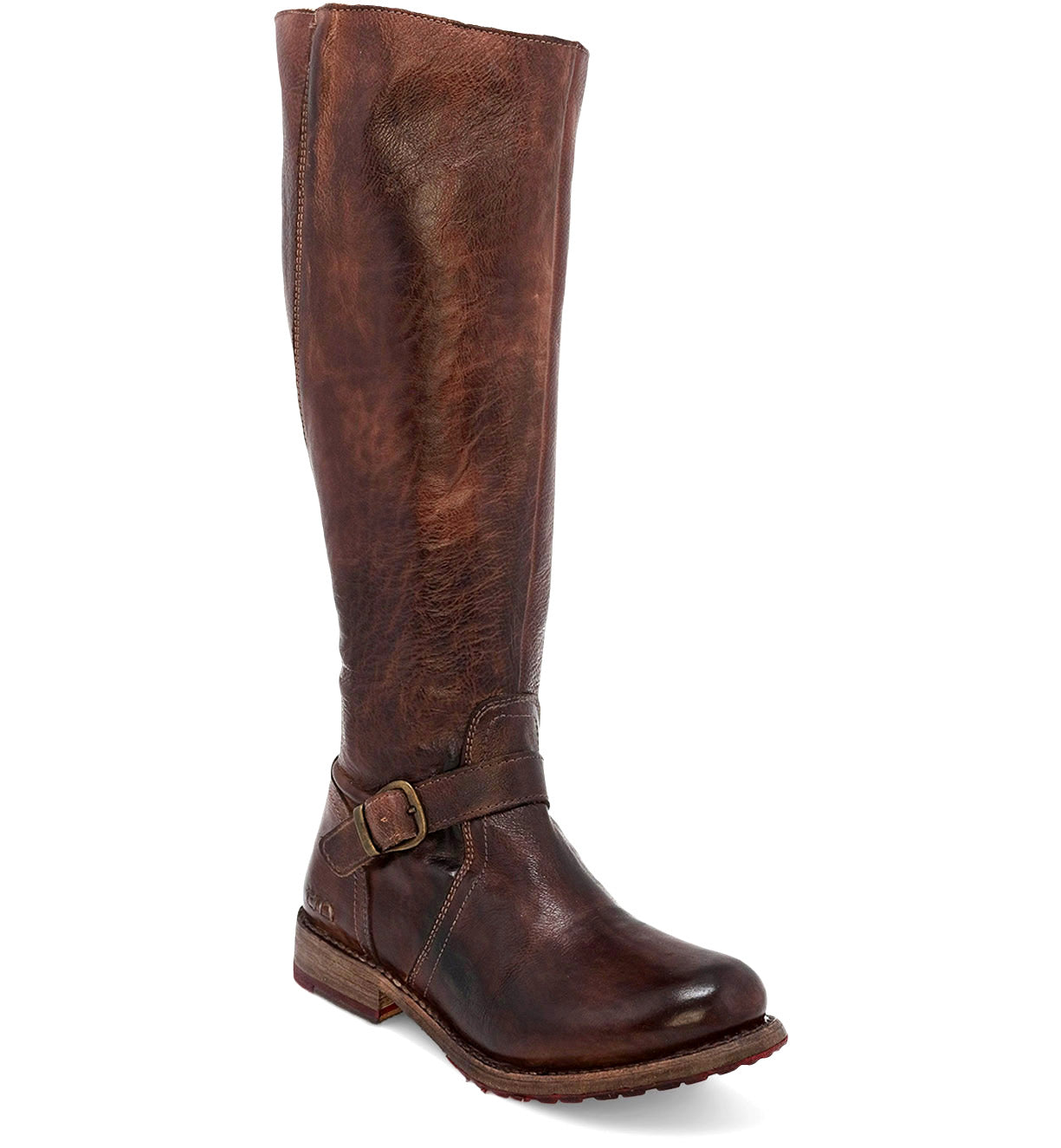 A women's brown riding boot with Glaye Wide Calf buckles and Bed Stu buckles.