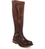 A women's brown riding boot with Glaye Wide Calf buckles and Bed Stu buckles.