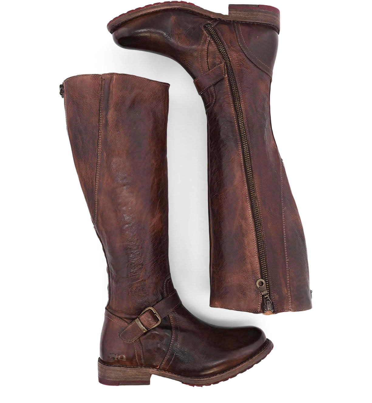 A pair of Bed Stu Glaye Wide Calf women's brown riding boots.