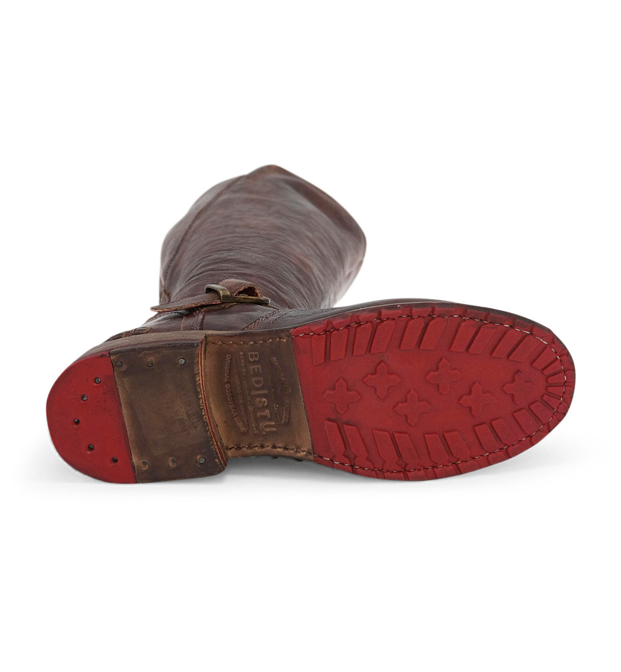 A pair of Glaye Wide Calf boots by Bed Stu with red soles on a white background.