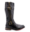 A women's Gogo Lug black leather boot with buckles and buckles by Bed Stu.