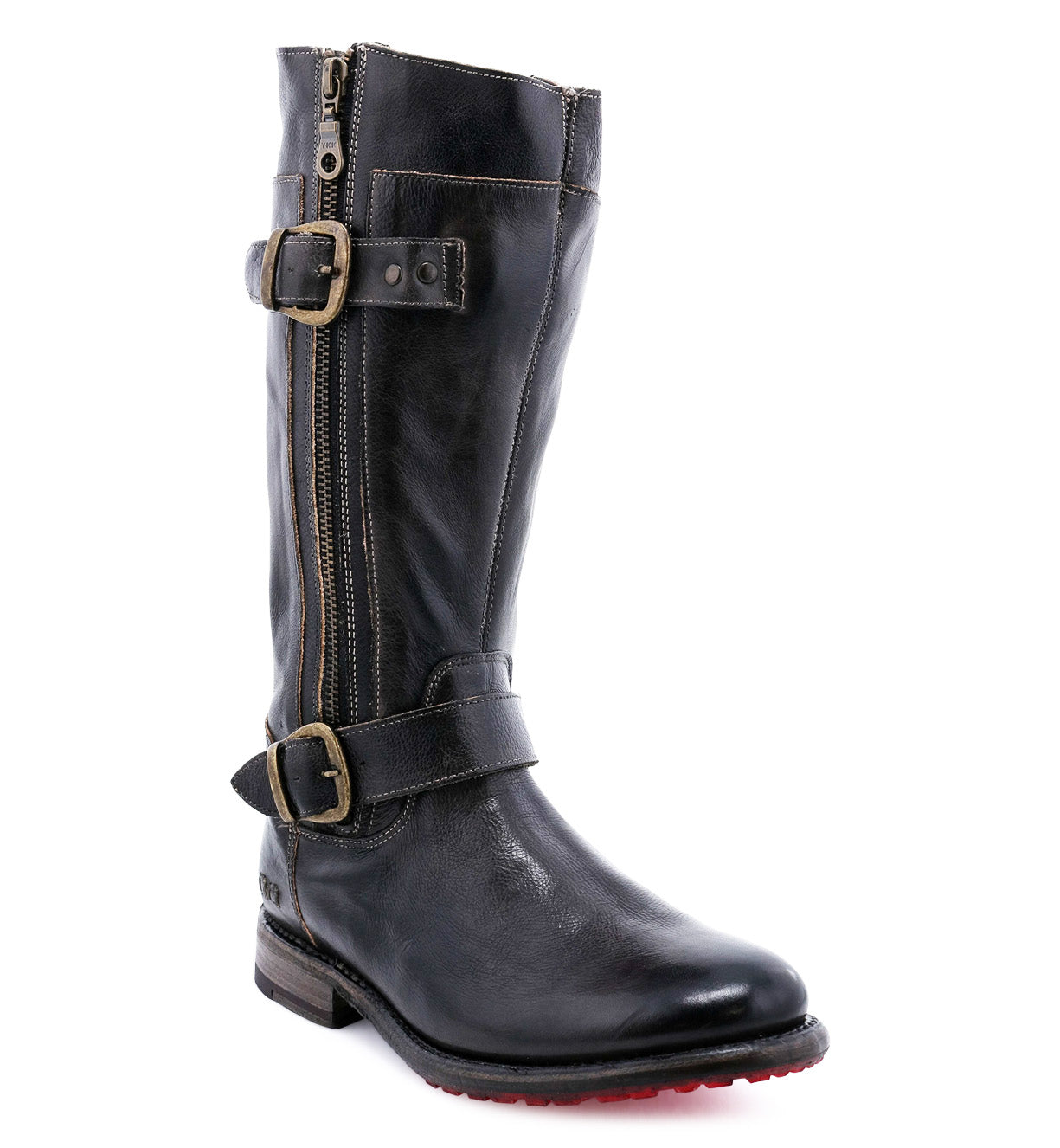 A women's Gogo Lug black leather boot with buckles and buckles by Bed Stu.