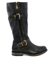 A women's black leather Gogo Lug Wide Calf riding boot with buckles by Bed Stu.