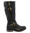 A women's black leather Gogo Lug Wide Calf riding boot with buckles by Bed Stu.