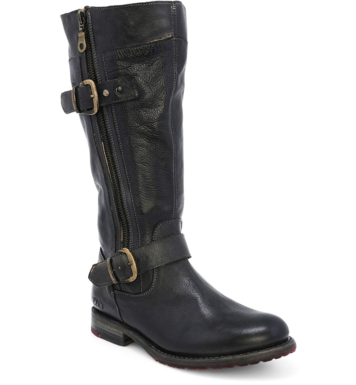 A women's black Gogo Lug Wide Calf boot with Bed Stu buckles and buckles.