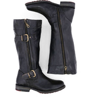 A pair of Bed Stu Gogo Lug Wide Calf black leather boots with buckles and zippers.