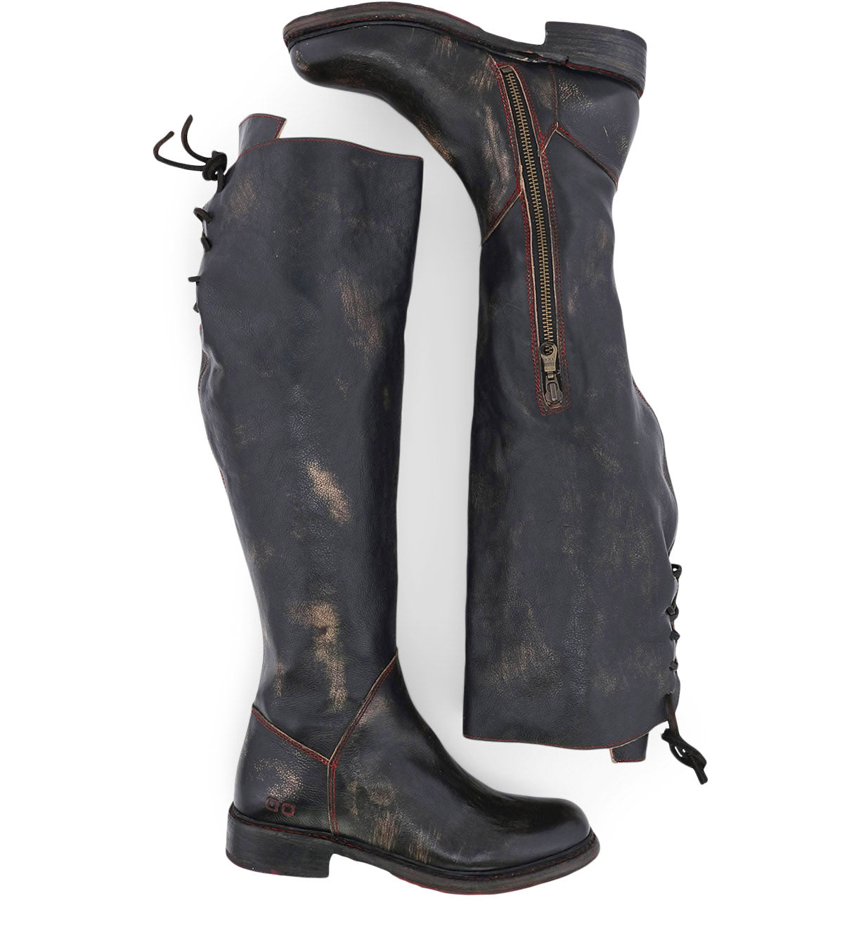 A pair of Bed Stu Manchester Wide Calf black leather boots with zippers on the side.
