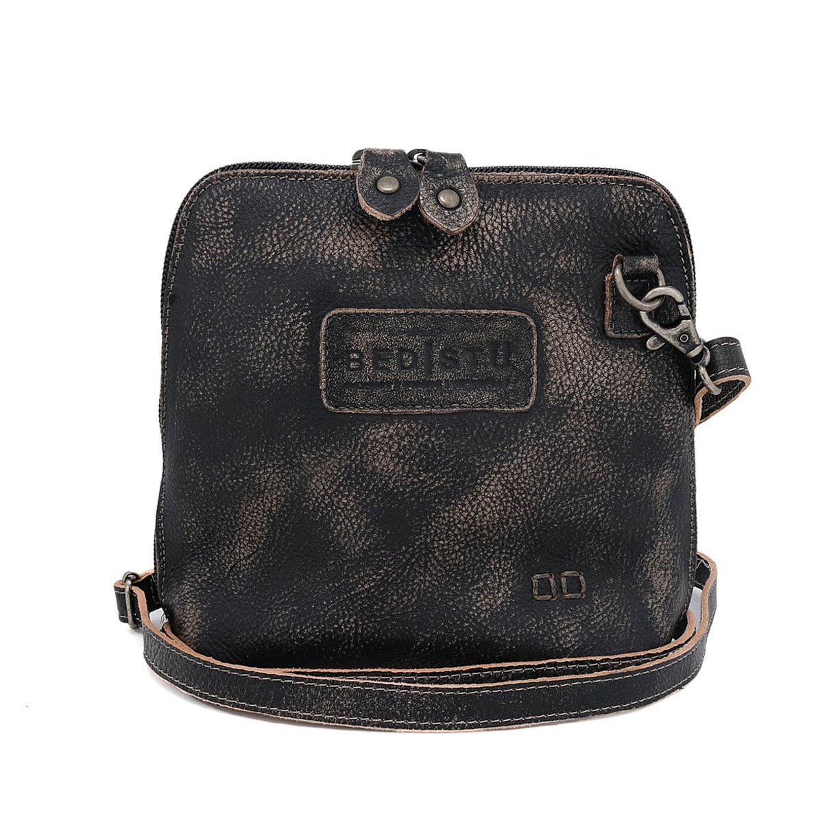 A black Bed Stu Ventura cross body bag with a leather strap.