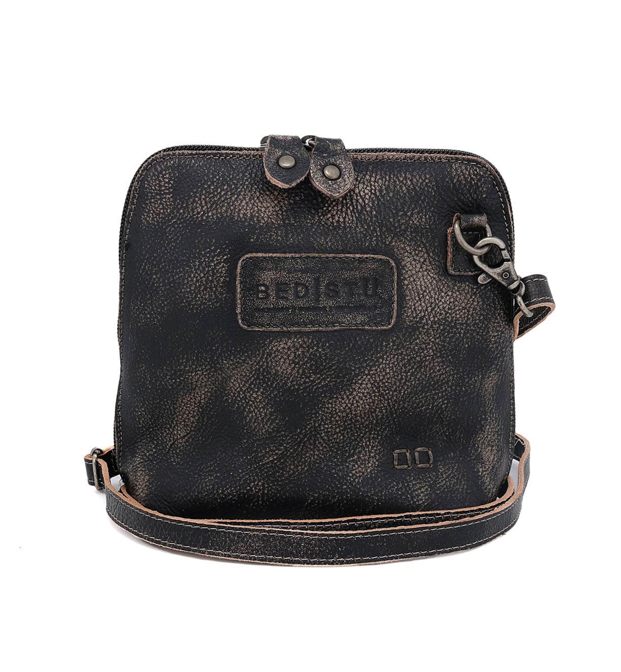 A black Bed Stu Ventura cross body bag with a leather strap.