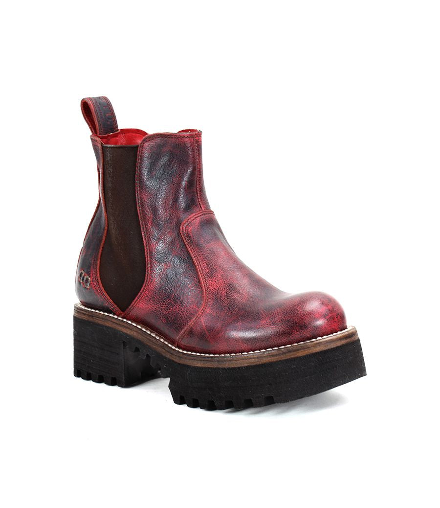 The Bed Stu Valda Hi is a red leather Chelsea boot featuring elastic side panels, a convenient pull-tab at the back, and a chunky platform sole.