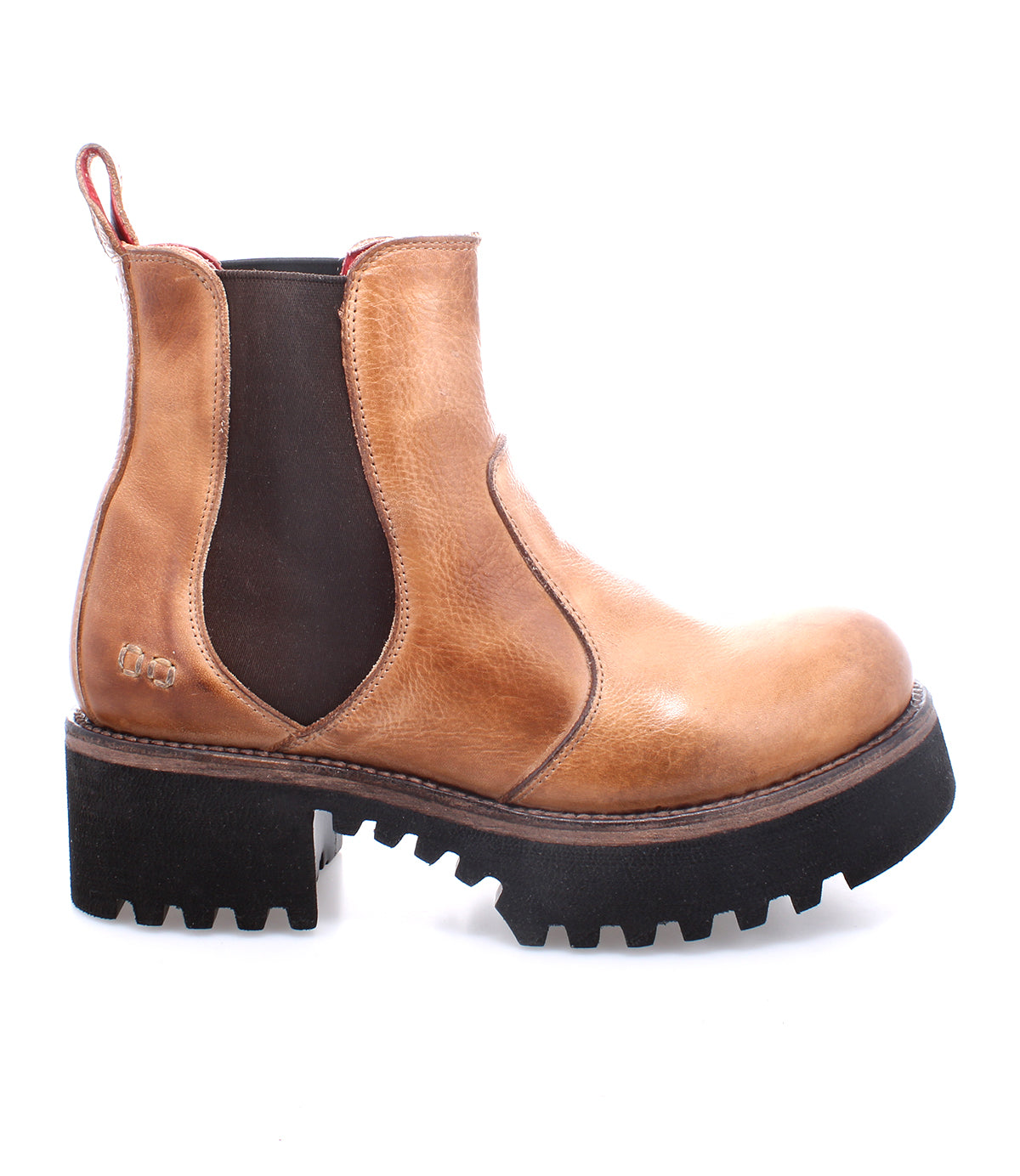 Valda Hi boot from Bed Stu, tan leather Chelsea boot with black soles.