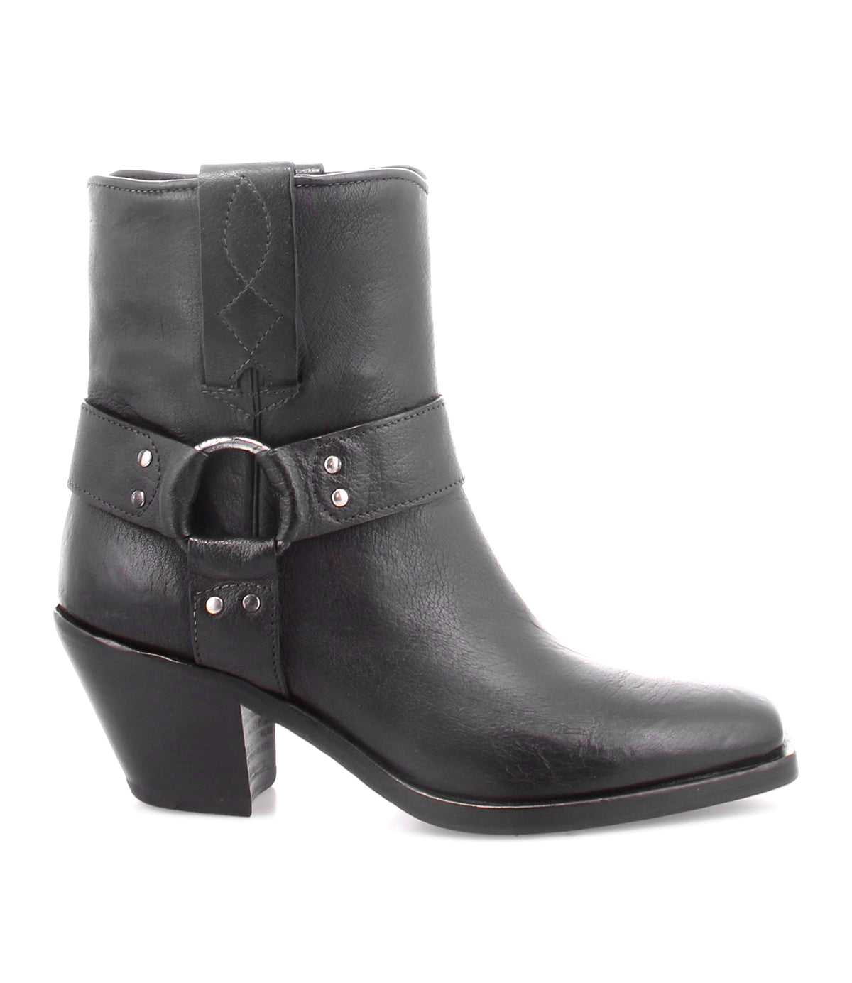 An Italian women's black leather ankle boot with buckles, the "Vamoose" by Bed Stu.