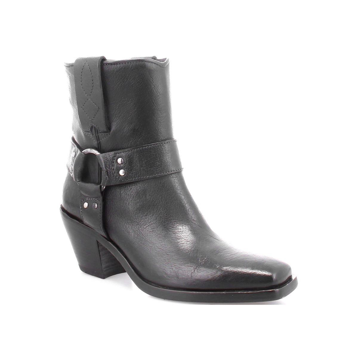 An Italian women's black leather ankle boot with harness buckles, the Vamoose by Bed Stu.