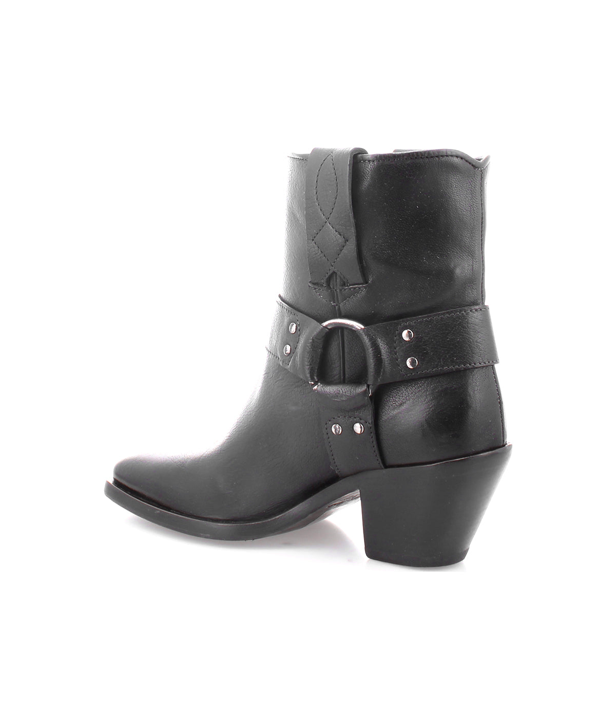 An Italian-made women's black leather ankle boot with buckles and harness details, the Vamoose by Bed Stu.