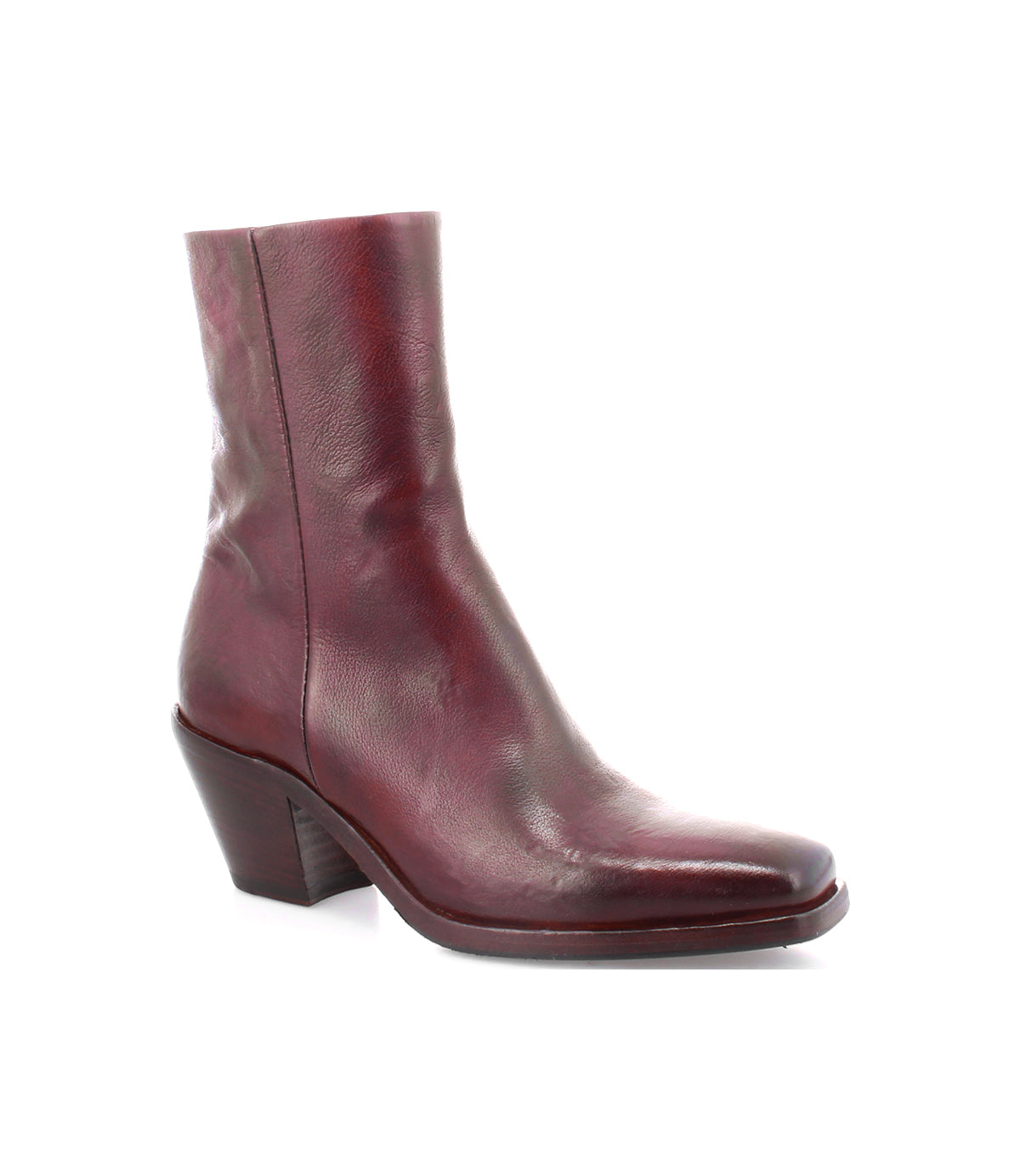 A women's Vendue ankle boot in burgundy leather with a sleek silhouette on a white background by Bed Stu.