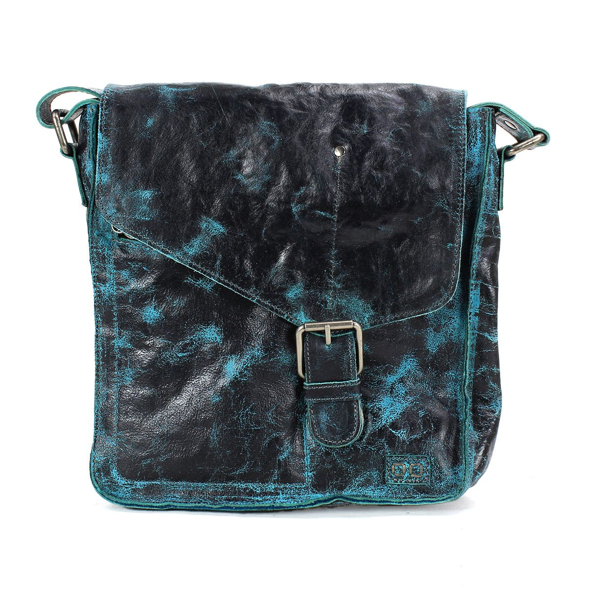 This Venice Beach handmade leather crossbody bag by Bed Stu, in black with a buckle closure and teal highlights, exudes a vintage-inspired masterpiece feel.