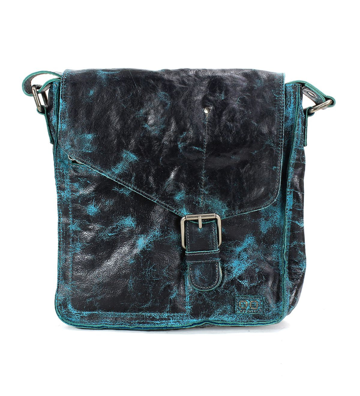 This Venice Beach handmade leather crossbody bag by Bed Stu, in black with a buckle closure and teal highlights, exudes a vintage-inspired masterpiece feel.