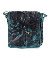 This Venice Beach handmade leather crossbody bag by Bed Stu, in black with a buckle closure and teal highlights, exudes a vintage-inspired masterpiece feel.