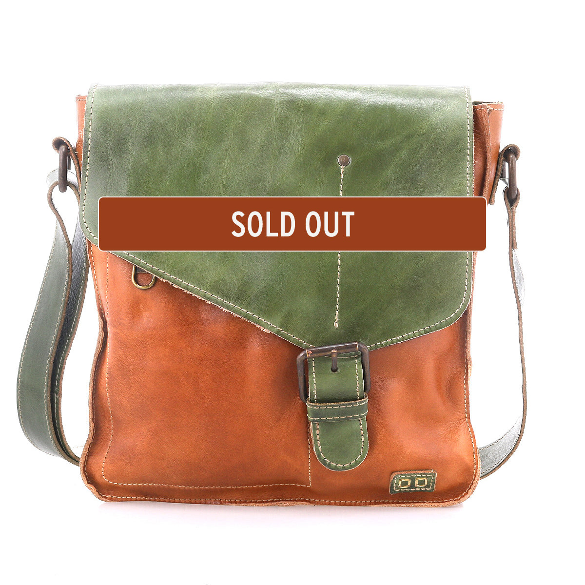 The Bed Stu Venice Beach is a brown and green vintage-inspired handbag featuring a front buckle, shown with a "SOLD OUT" banner across the image.