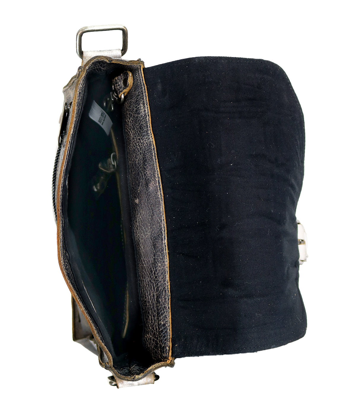 Side view of an open, Bed Stu Venice Beach II leather briefcase with a black fabric lining, featuring a checkered front panel, showing wear around the edges.