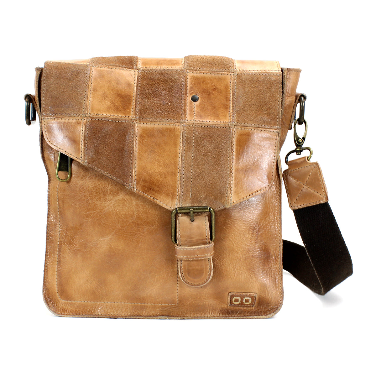 A vintage brown leather Venice Beach II messenger bag by Bed Stu with a buckle closure and an adjustable shoulder strap, featuring a checkered front panel, isolated on a white background.