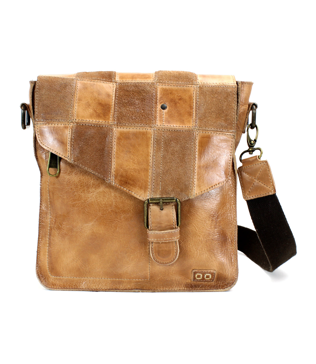 A vintage brown leather Venice Beach II messenger bag by Bed Stu with a buckle closure and an adjustable shoulder strap, featuring a checkered front panel, isolated on a white background.