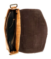 Open Bed Stu Venice Beach II vintage brown leather suitcase isolated on white background, showing checkered front panel detail.
