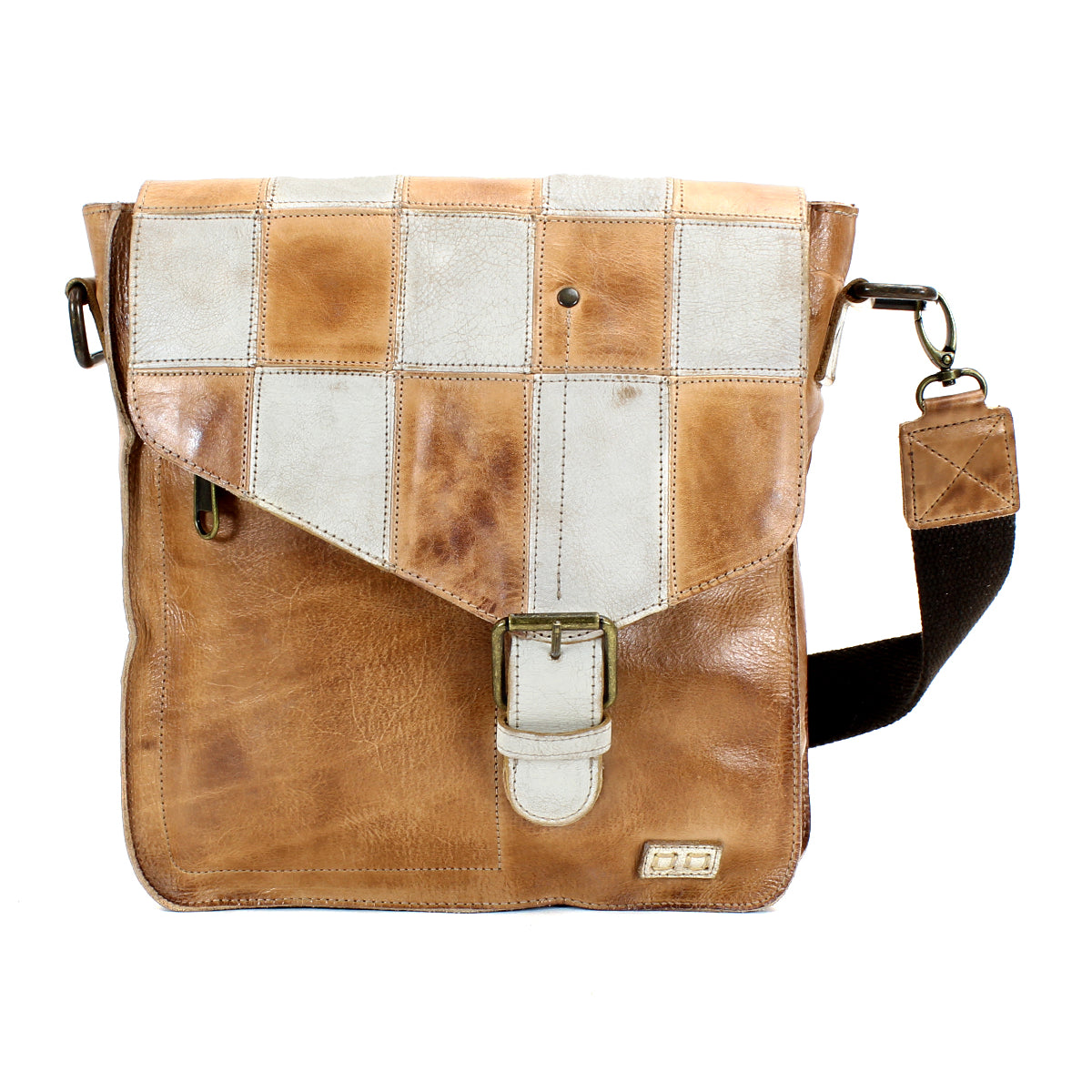 A Bed Stu Venice Beach II leather messenger bag with a checkered front panel, featuring an adjustable strap and a front buckle closure.