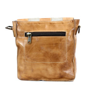 A worn, tan leather Bed Stu Venice Beach II crossbody bag with a checkered front panel, displayed against a white background.