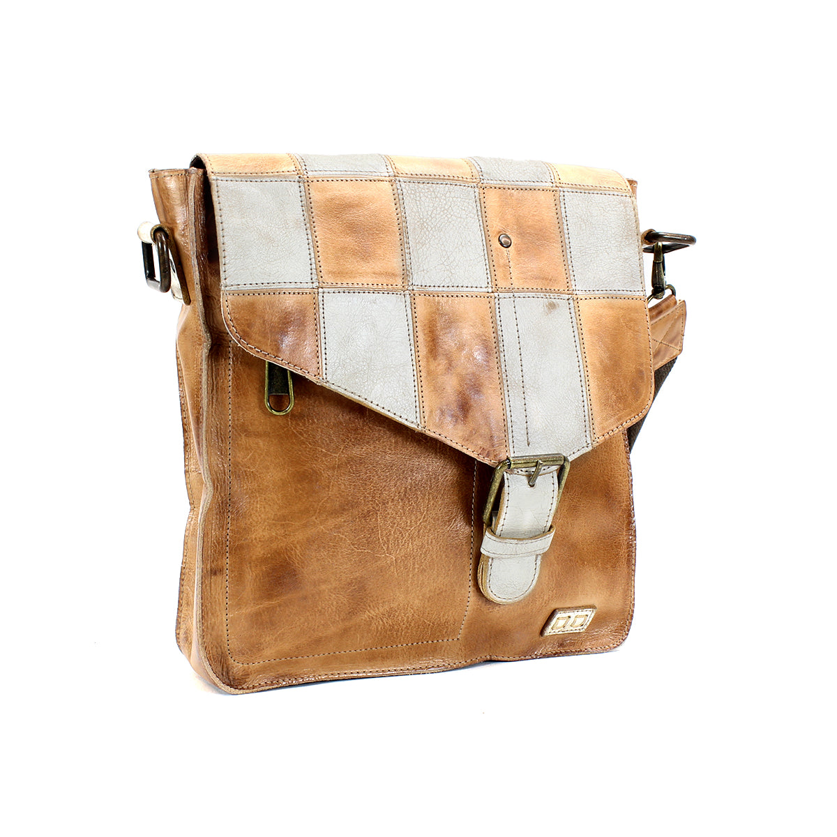 A brown and cream leather Venice Beach II messenger bag with a checkered front panel, displayed on a white background by Bed Stu.