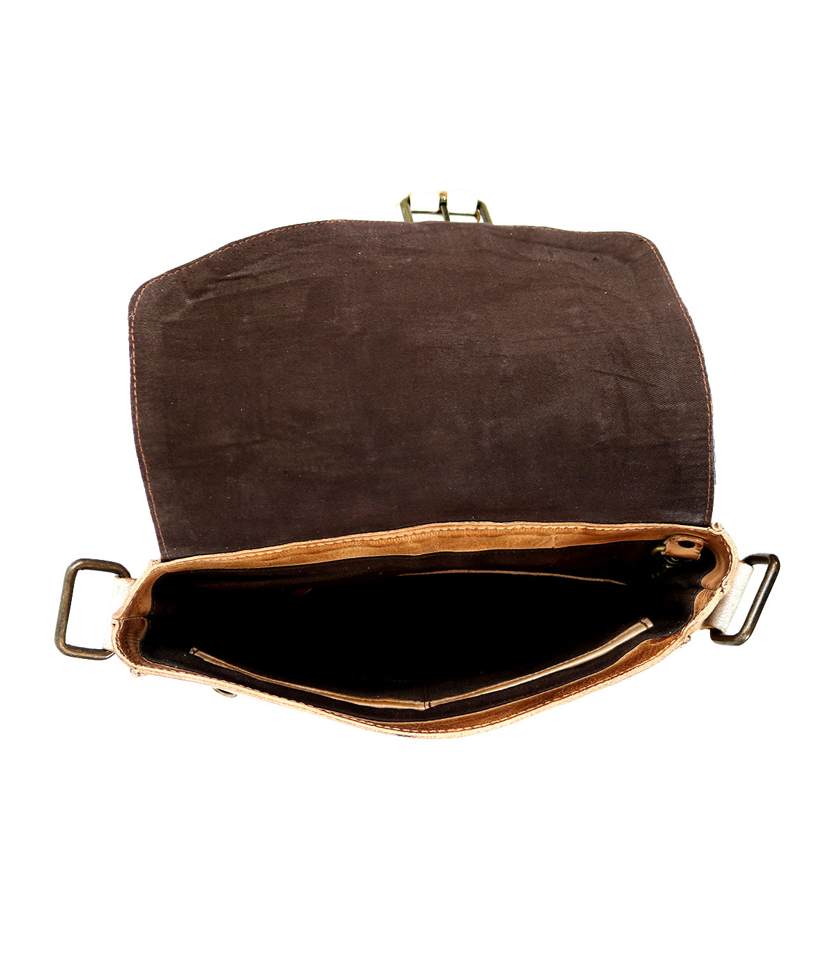 An open, empty brown leather Venice Beach II wallet with a checkered front panel and visible wear, viewed from the top against a white background. (Brand Name: Bed Stu)
