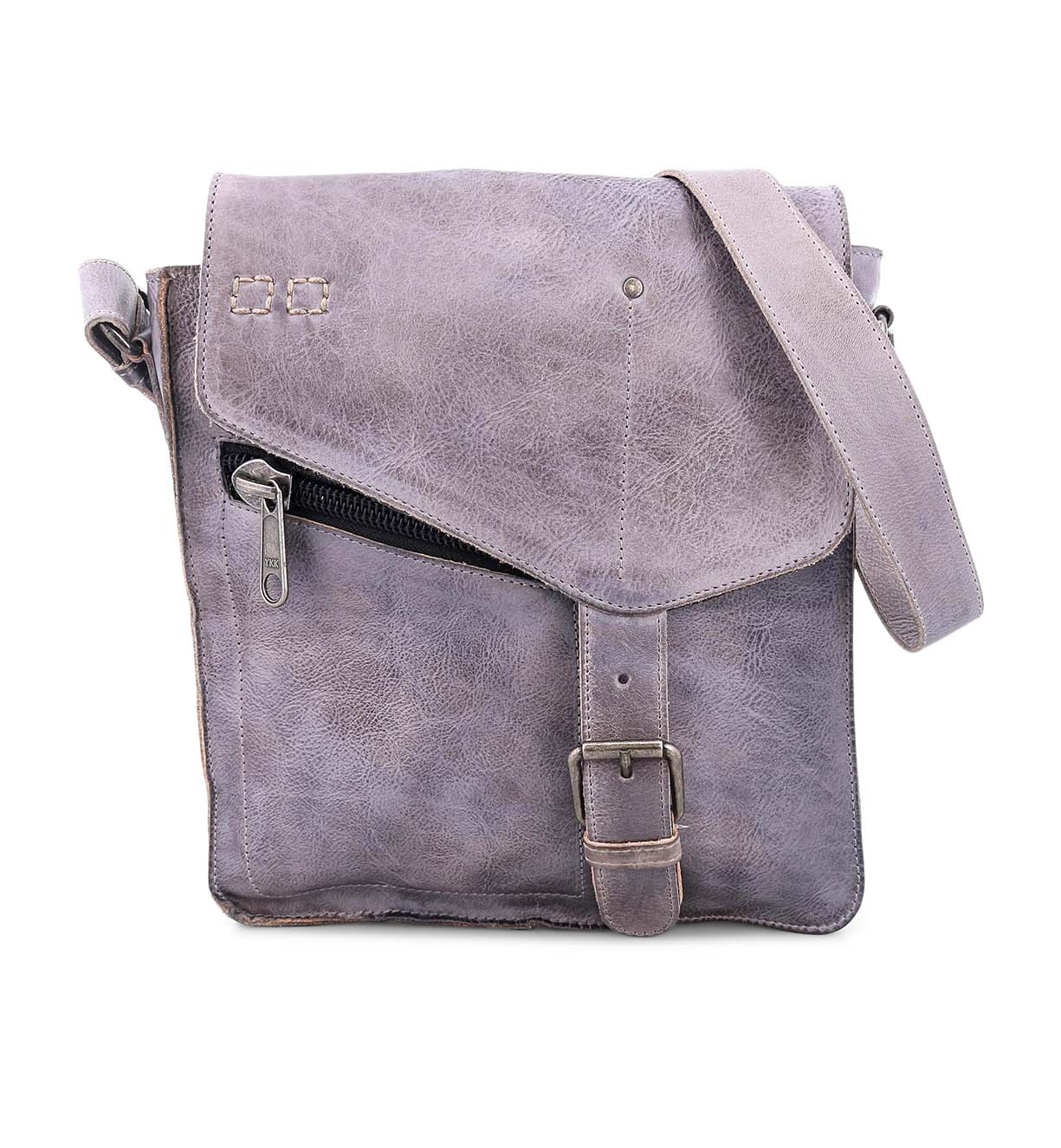A timeless Venice Beach grey leather messenger bag with a zipper, handmade and vintage-inspired, by Bed Stu.