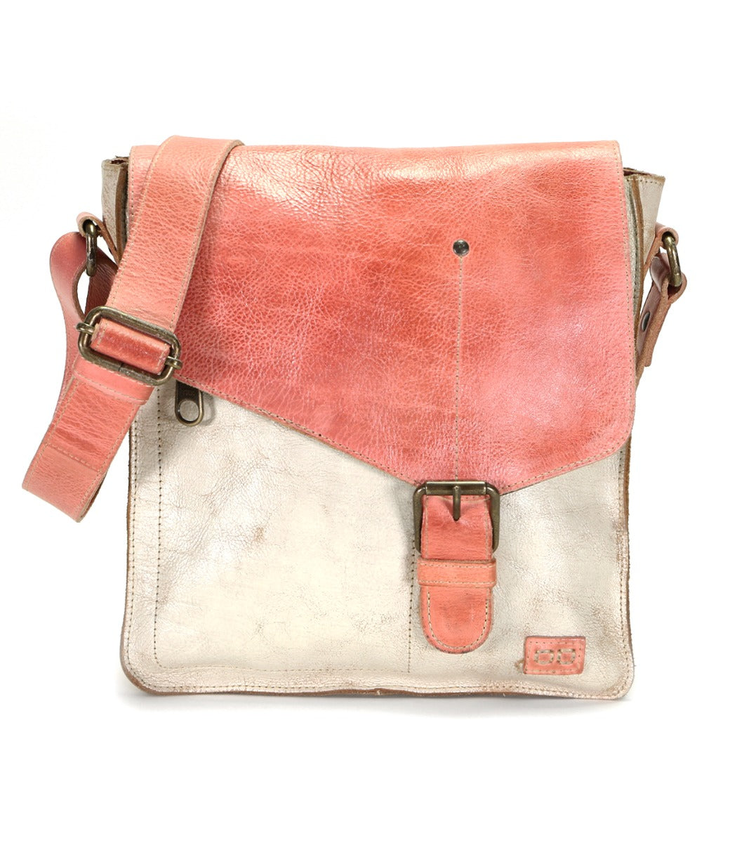 Introducing the Venice Beach crossbody bag by Bed|Stü, expertly crafted from full-grain leather with a silver body, pink adjustable strap and flap, and a secure front buckle closure.