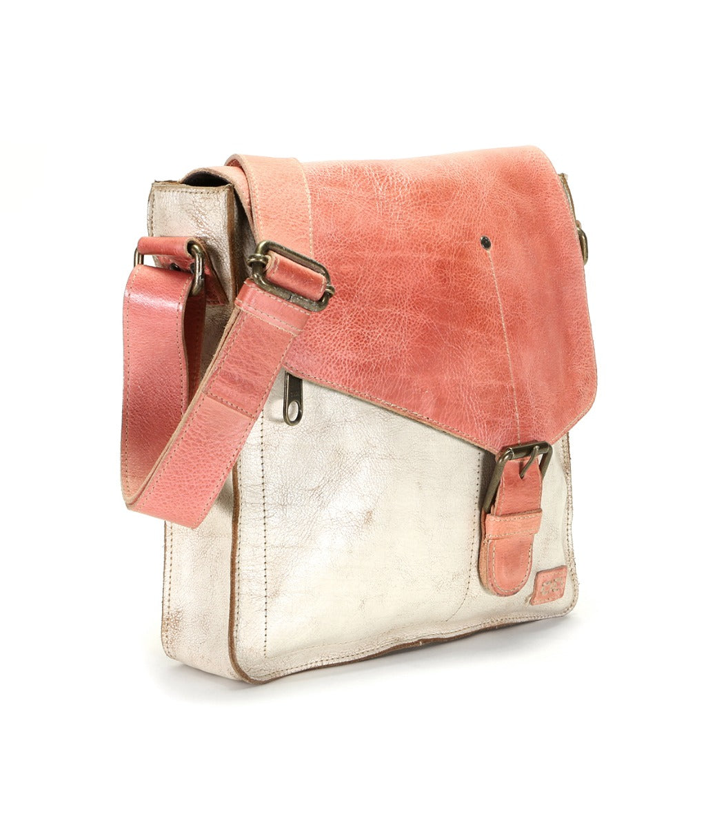 A pink and white leather Bed Stu Venice Beach messenger bag.